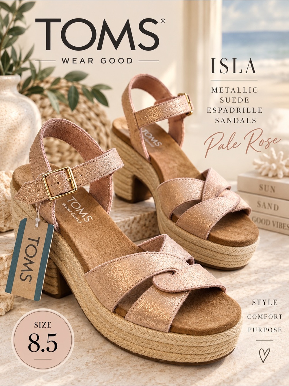 NWT TOMS Isla Pale Rose Metallic Suede Espadrille Platform Sandals 8.5